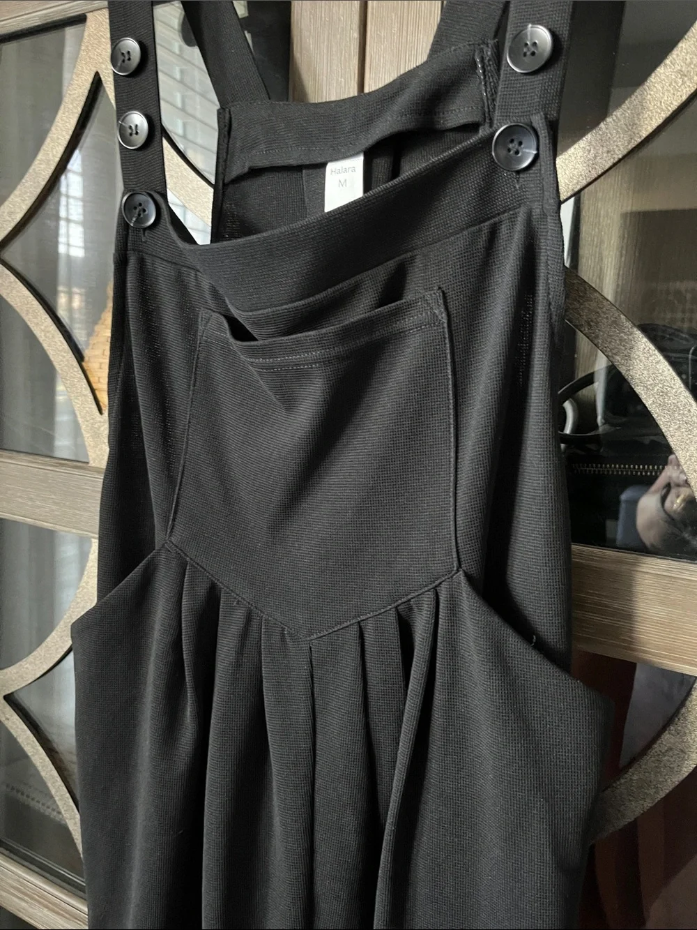 HALARA Black Mini Pinafore Dress with Button Straps